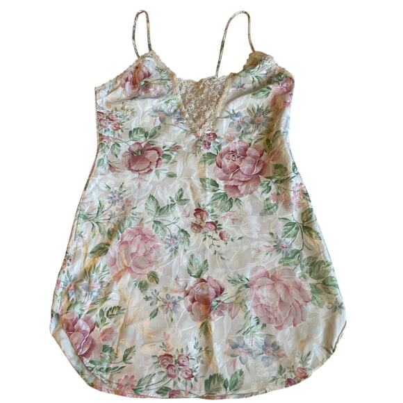 VTG Silky Textured Lace Trim V Neck Pink & Green Floral Mini Slip Dress XS - Picture 5 of 9